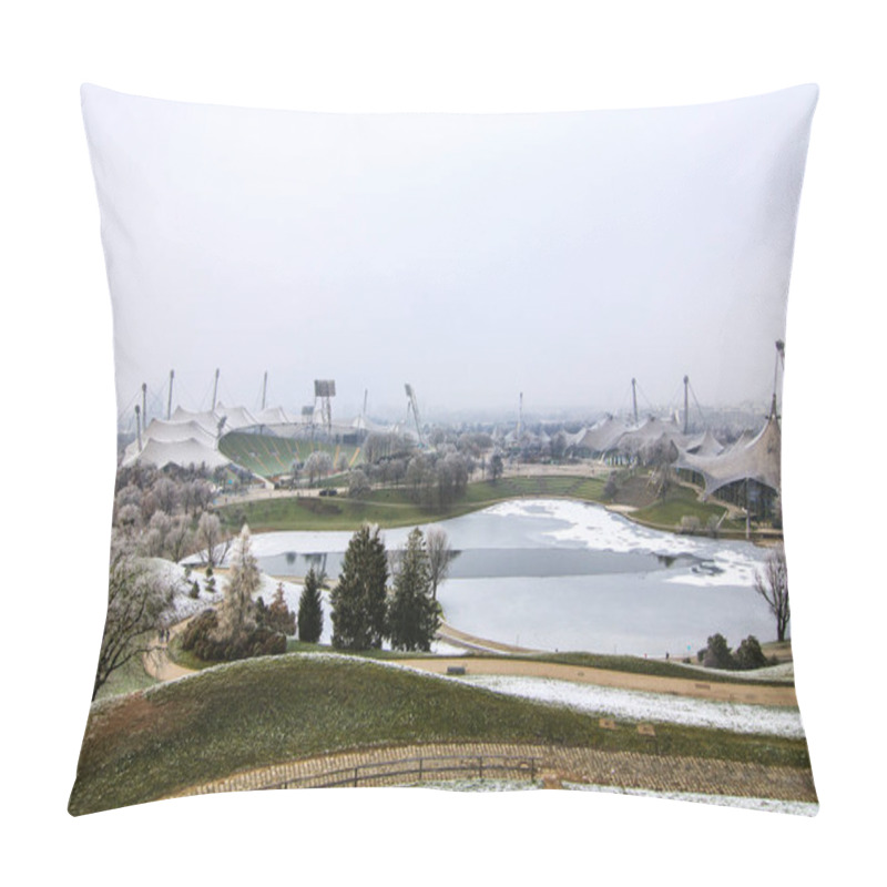 Personality  Olympia Park Stadium From The Top Of The Hill In Munich, Germany During Winter Pillow Covers