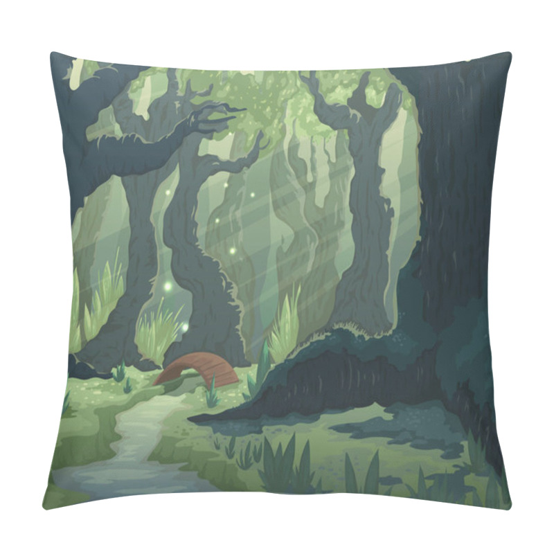 Personality  Forest Landscape With Trees, River And Bridge. Cartoon Fairytale Scenery Background. Vector Illustration. Pillow Covers