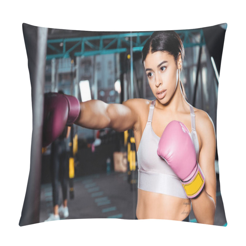 Personality  Attractive Boxer Girl In Boxing Gloves Throwing Punches In Gym  Pillow Covers