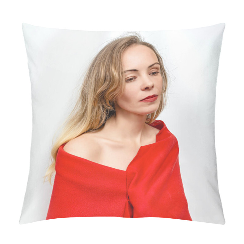 Personality  Sexy Blonde Woman In Red Scarf, Bare Shoulders. Dreamy Calm Look To Side. Studio Quality Photo Pillow Covers