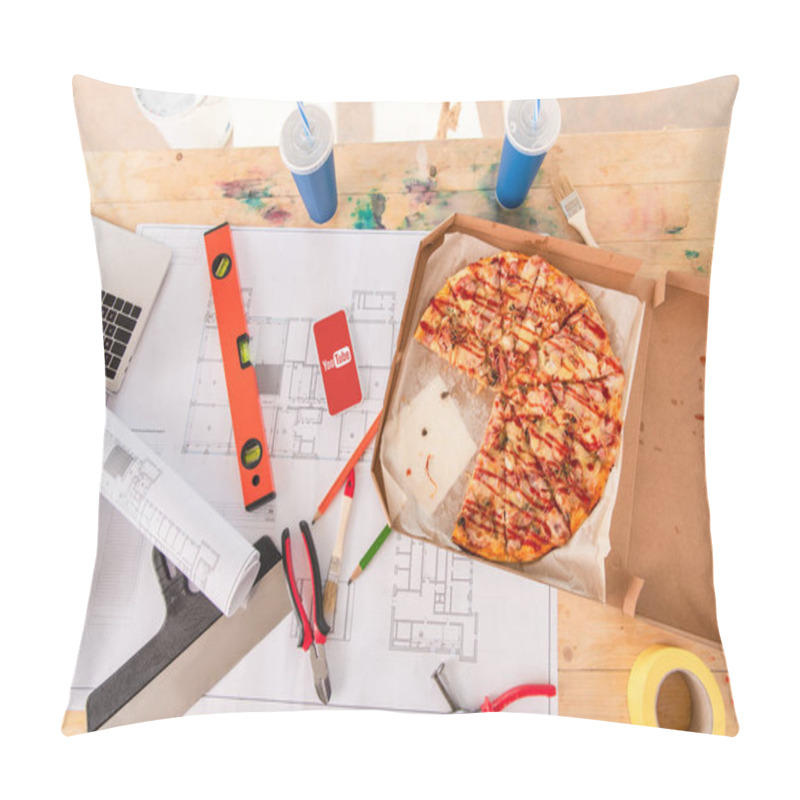 Personality  Top View Of Box With Pizza, Tools And Smartphone With Youtube App On Screen On Building Plan Pillow Covers