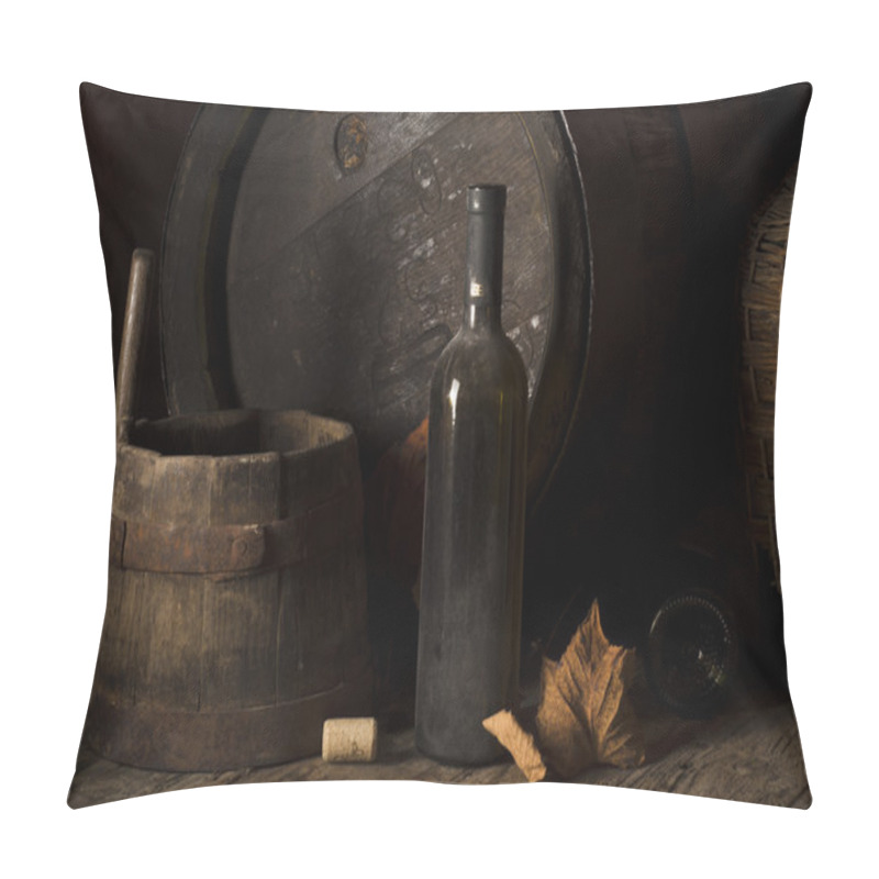 Personality  Still Life With Wine Bottles, Glasses And Oak Barrels. Pillow Covers