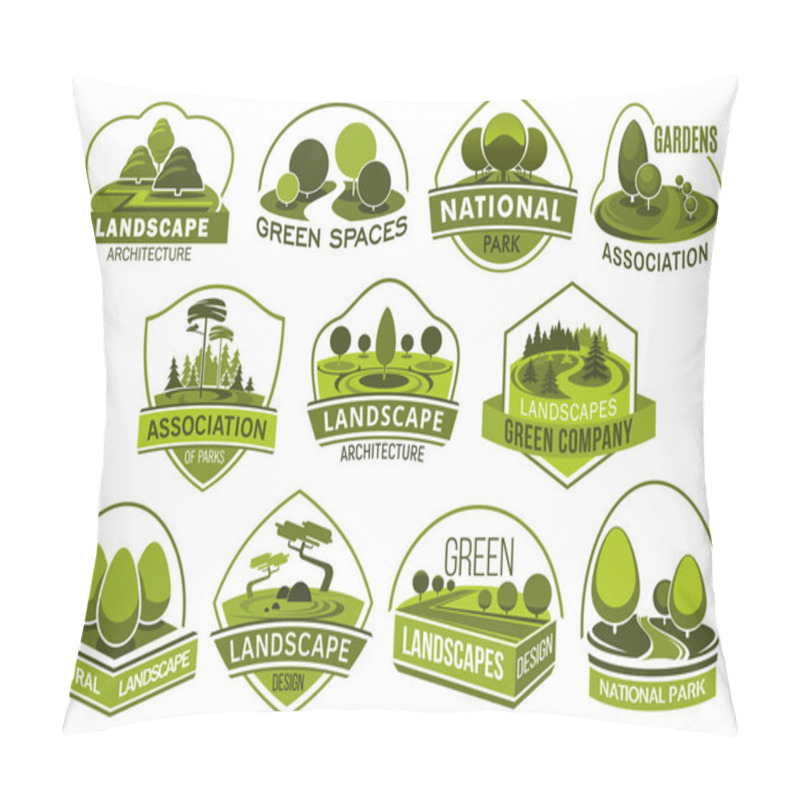 Personality  Landscape Design Company Vector Icons, Urban Horticulture Planting Premium Service. Vector Isolated Forest Trees Or Parkland Squares And Parks, Green Project Design Of City Ecology, Gardening Pillow Covers