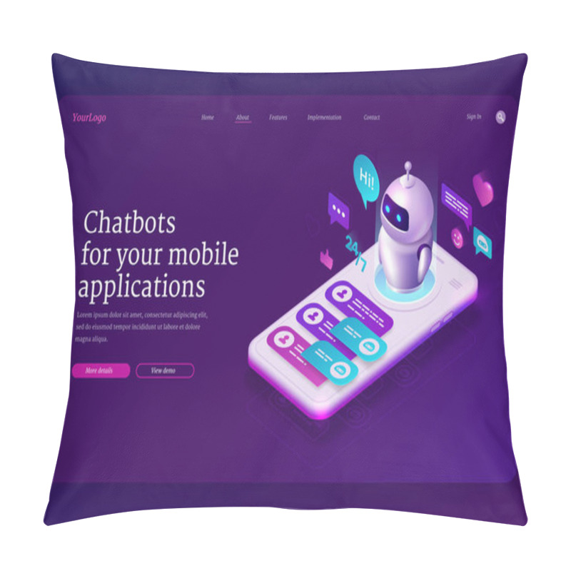 Personality  Mobile Chatbot App Isometric Landing Page, Banner Pillow Covers