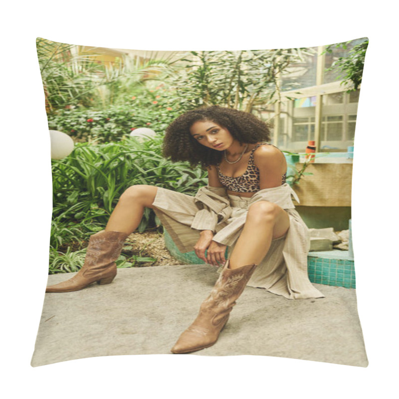 Personality  Full Length Of Young Black Woman With Curly Hair Posing In Her Trendy Look In A Botanical Setting Pillow Covers