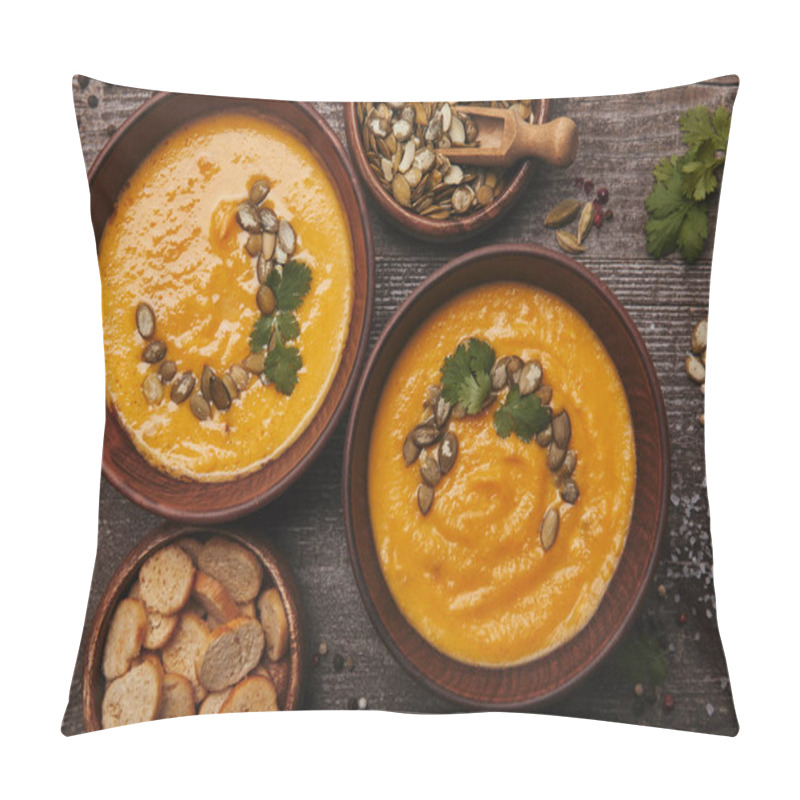 Personality  Top View Of Tasty Healthy Pumpkin Soup With Rusks On Wooden Table Pillow Covers