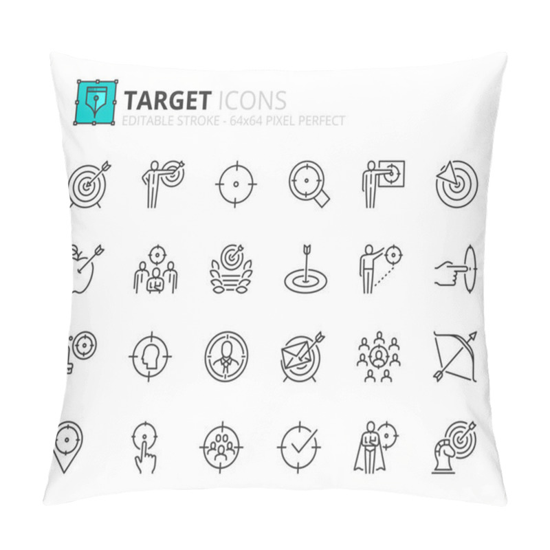 Personality  Outline Icons About Target. Business Concepts. Contains Such Icons As Businessman With Dart, Marketing, Goal, Targeting Strategy And Audience. Editable Stroke Vector 64x64 Pixel Perfect Pillow Covers