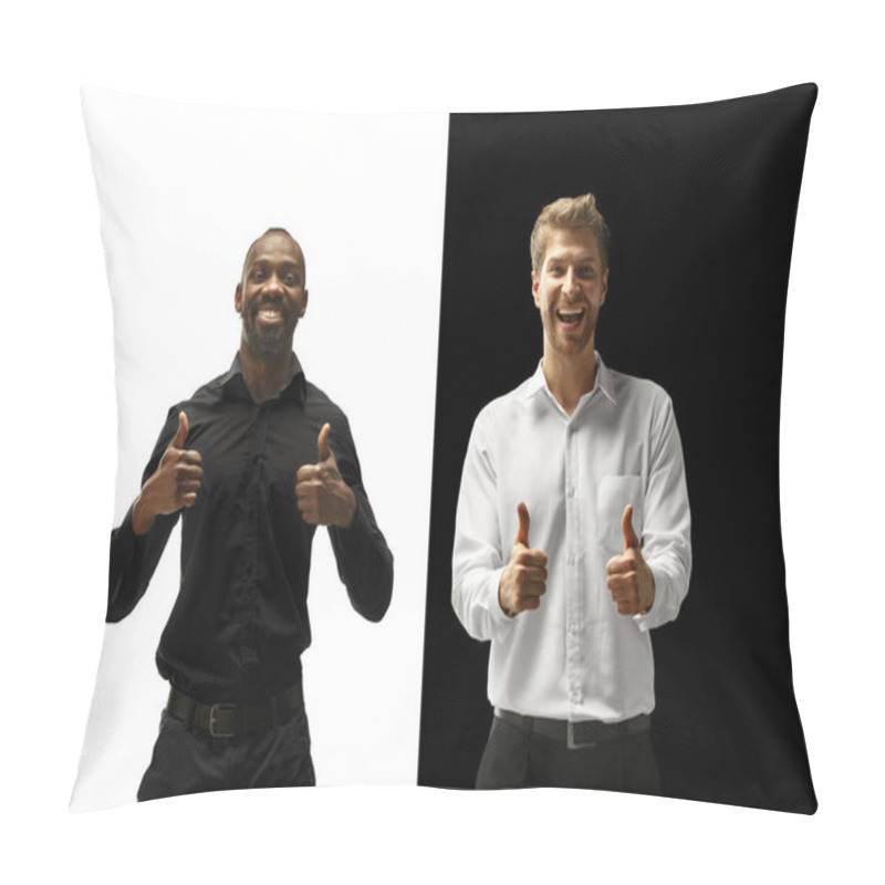 Personality  Success Happy Afro And Caucasian Men. Mixed Couple. Human Facial Emotions Concept. Pillow Covers