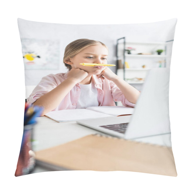 Personality  Selective Focus Of Kid Holding Pen Near Lips During Electronic Learning At Home  Pillow Covers