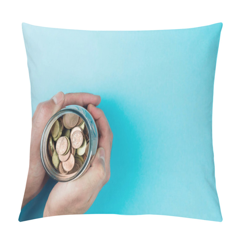 Personality  Above View Of Hands Holding Jar Filled With Small Change Pillow Covers