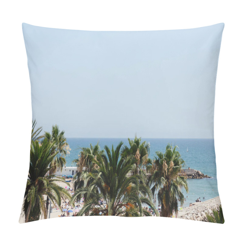 Personality  Palm Trees And Sea Coast With Blue Sky At Background In Catalonia, Spain  Pillow Covers