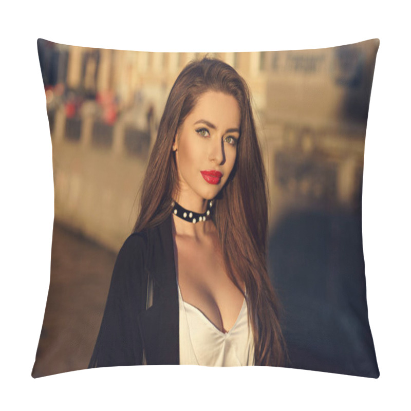 Personality  Attractive Brunette Woman Posing Against River On Background Pillow Covers