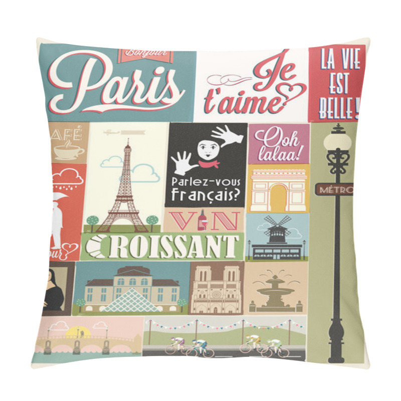 Personality  Retro Poster With Paris Symbols And Landmarks Pillow Covers