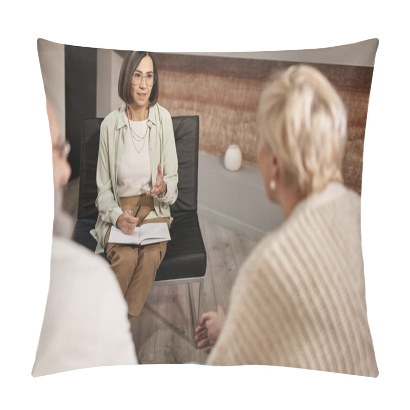 Personality  Middle Aged Psychologist In Glasses Talking To Married Couple During Family Therapy Session Pillow Covers