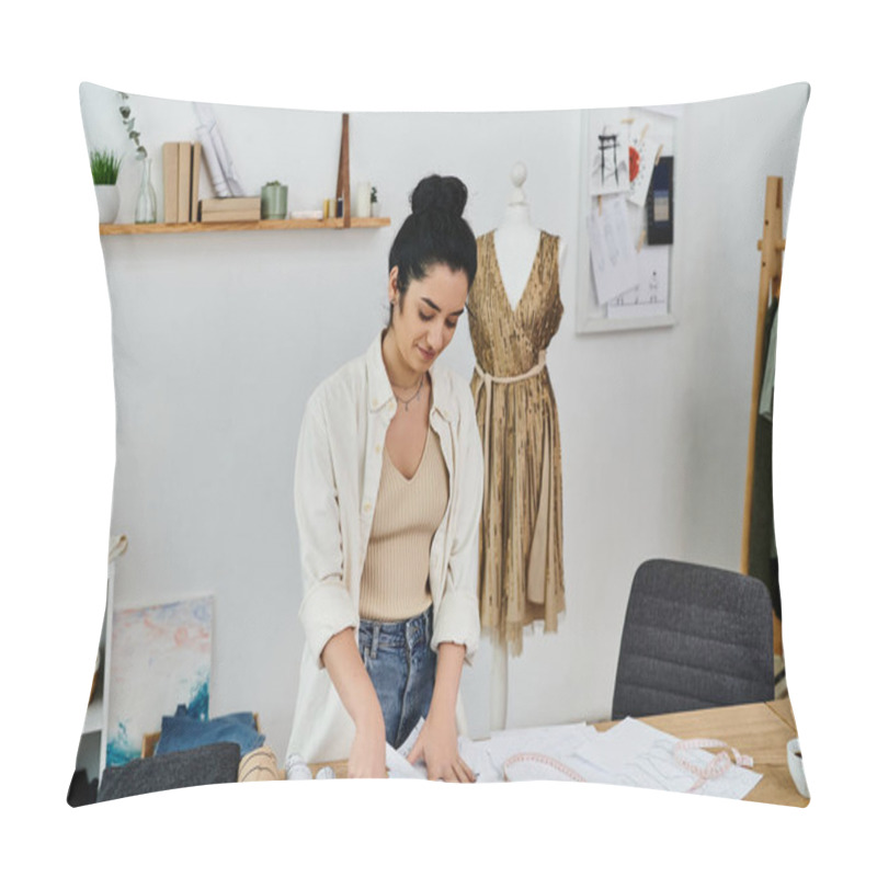 Personality  A Young Woman In Casual Attire Upcycling Her Clothes. Pillow Covers