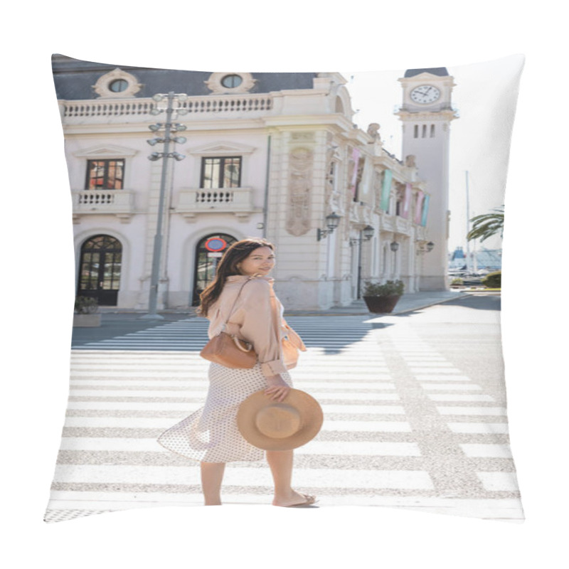 Personality  Full Length Of Stylish Woman Looking At Camera Near Crosswalk And Building With Clock Tower Pillow Covers