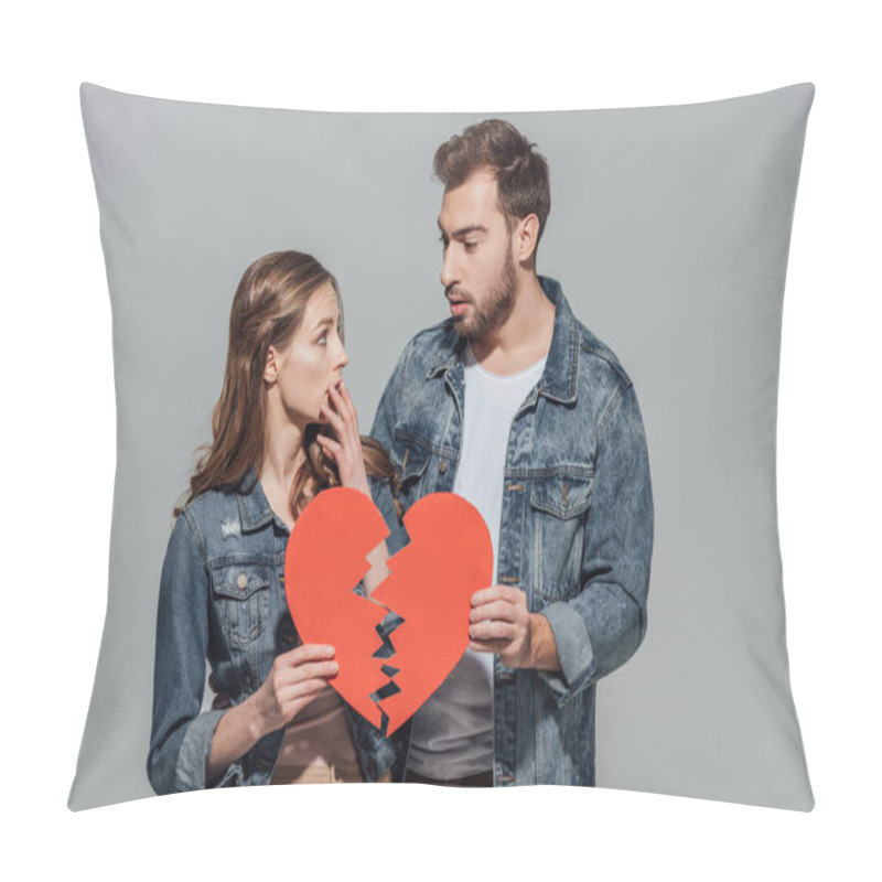 Personality  Upset Young Couple Holding Pieces Of Broken Heart Symbol Isolated On Grey  Pillow Covers