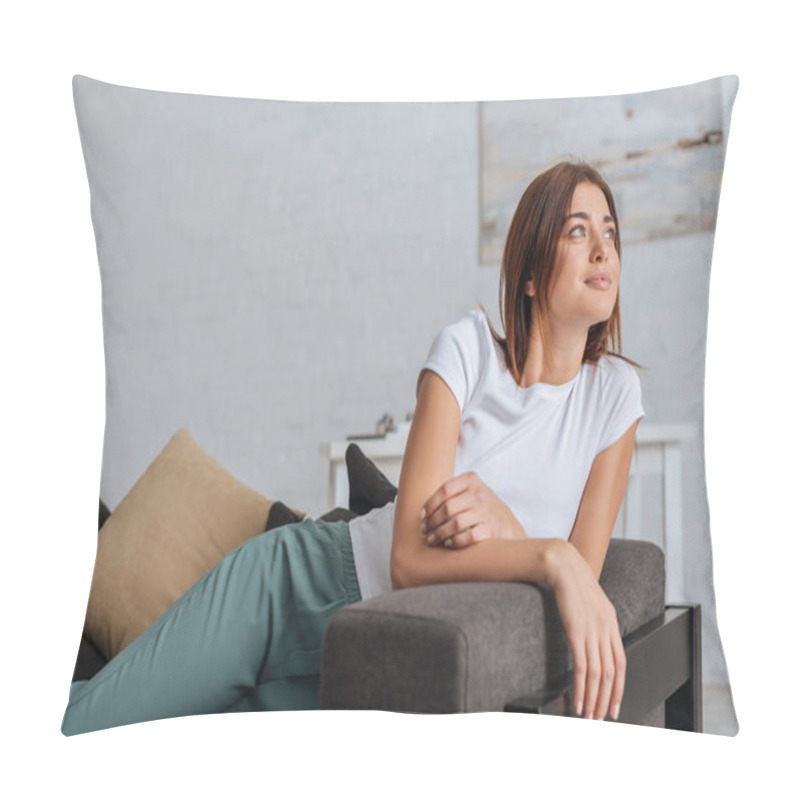 Personality  Beautiful Woman Dreaming While Relaxing On Sofa In Living Room  Pillow Covers