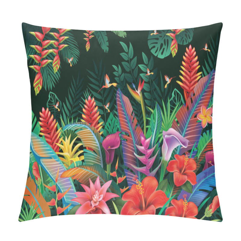 Personality  Tropical Background From Tropical Flowers, Leaves And Hummingbird Pillow Covers