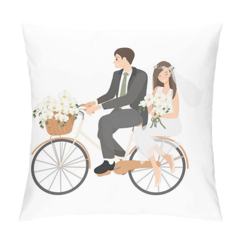 Personality  Beautiful Young Just Married Wedding Couple Ride Bicycle Isolated On White Background Pillow Covers