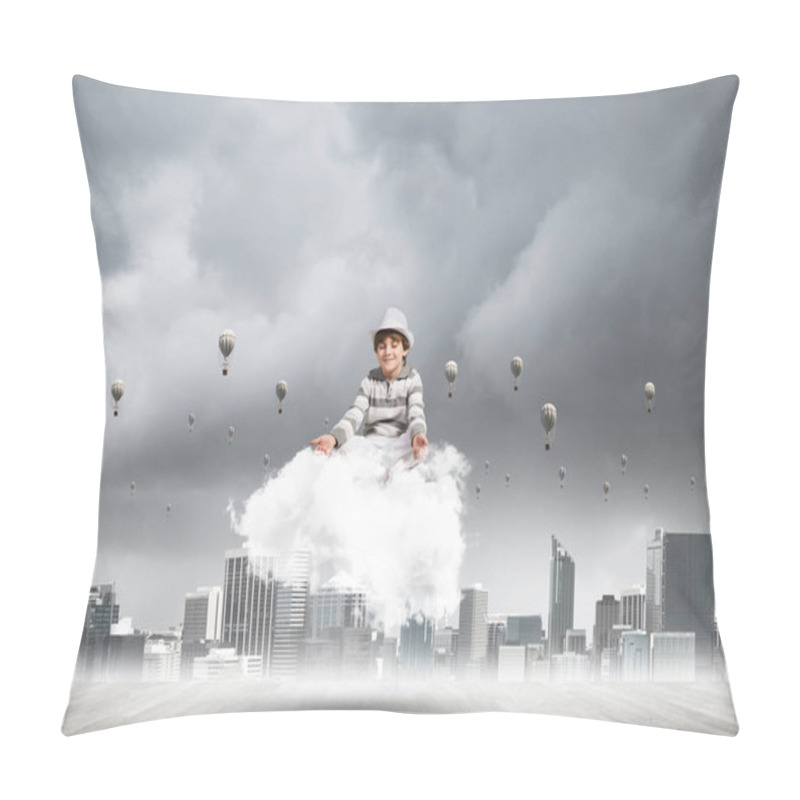 Personality  Young Little Boy Keeping Eyes Closed And Looking Concentrated While Meditating On Cloud With Cityscape View And Flying Aerostats On Background. Pillow Covers