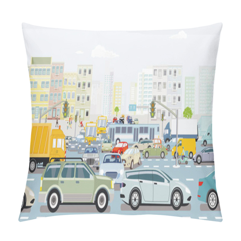 Personality  Big City With An Intersection In Traffic Jam And Public Transport Illustration Pillow Covers