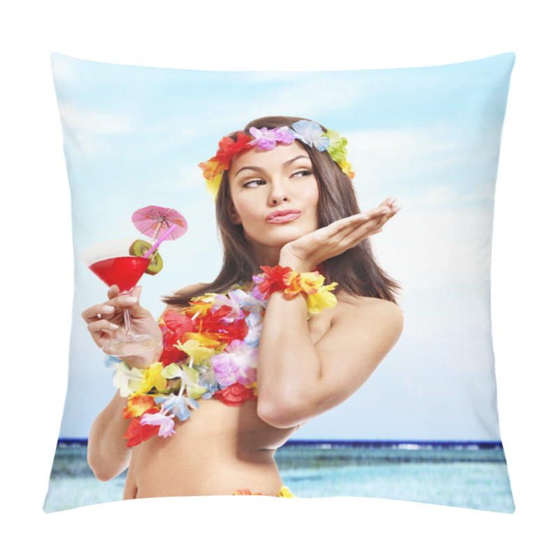 Personality  Woman In Hawaii Costume Drink Juice. Pillow Covers