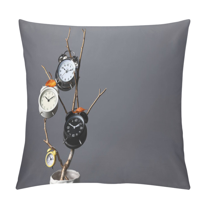 Personality  Vase With Alarm Clocks, Branch And Dry Leaves On Light Grey Background, Space For Text Pillow Covers