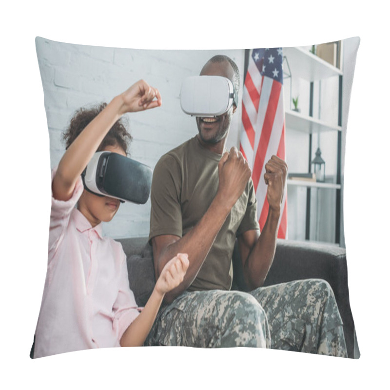 Personality  Happy Family With Daughter And Father In Army Clothes Playing With Virtual Reality Headsets Pillow Covers