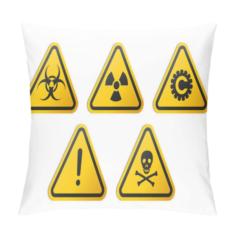 Personality  Triangular Signs Of A Hazard Warnings : Biohazard, Ionizing Radiation, Coronavirus, Poison And Generic Danger. Pillow Covers