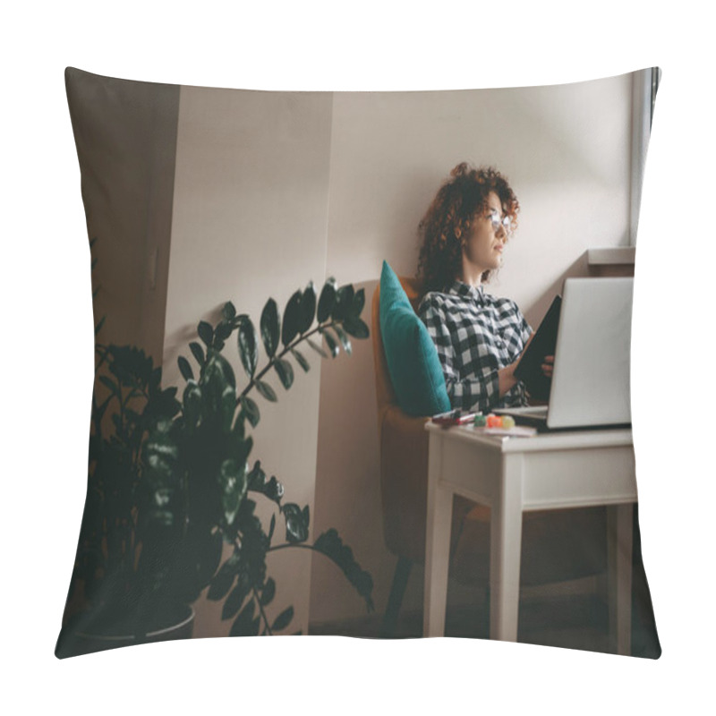 Personality  Young Businesswoman With Curly Hair And Eyeglasses Working From Home At The Computer Thinking About Something While Holding A Book Pillow Covers