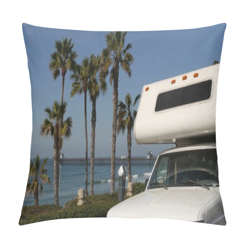 Personality  Motorhome Trailer Or Caravan For Road Trip. Ocean Beach, California USA. Camper Van, RV Motor Home. Pillow Covers