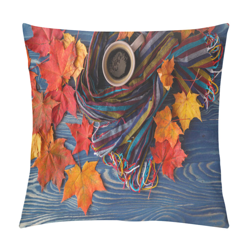 Personality  Cup Of Coffee, Fall Leaves And A Warm Scarf On Black Wooden Tabl Pillow Covers