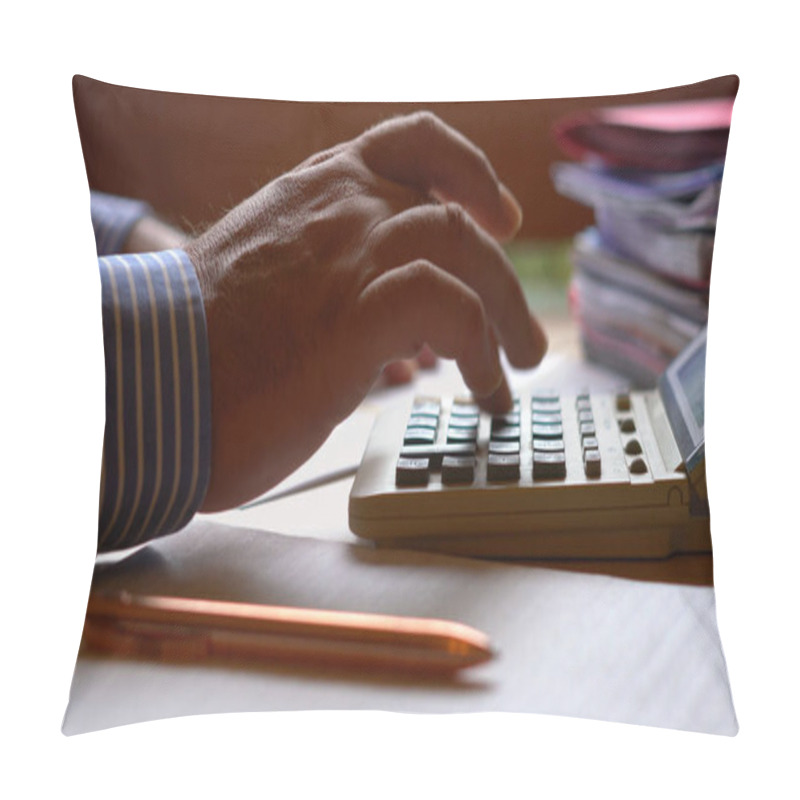 Personality  Accountant Using Calculator With Paperwork.  Pillow Covers