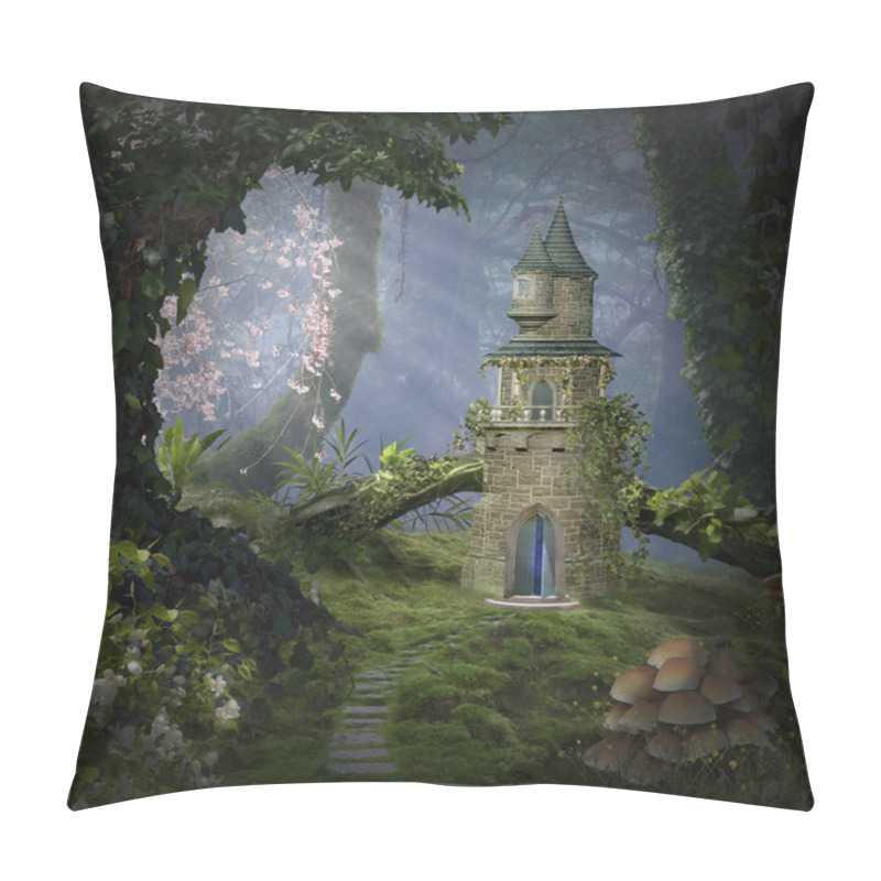 Personality  Fantasy Castle In The Forest. Photomanipulation. 3D Rendering Pillow Covers