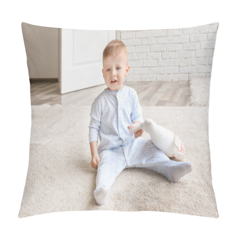 Personality  Cute Baby Boy Sitting On Carpet And Playing With Toy Near Wet Spot Pillow Covers