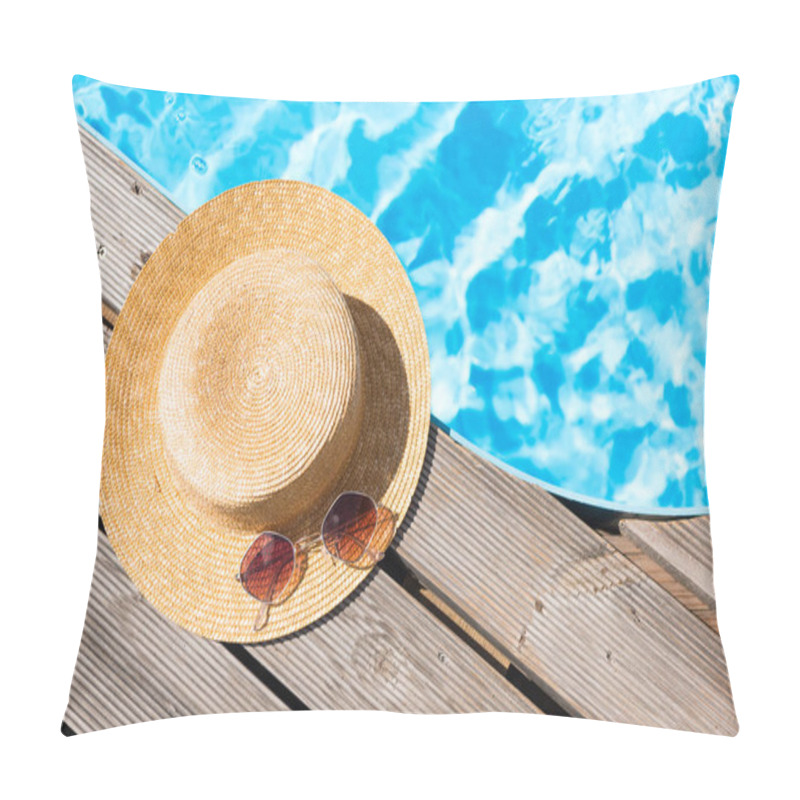 Personality  Close-up View Of Wicker Hat And Sunglasses Near Swimming Pool   Pillow Covers