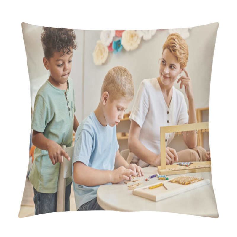 Personality  Montessori School, Happy Teacher Observing Interracial Kids, Playing Educational Game, Diverse Boys Pillow Covers