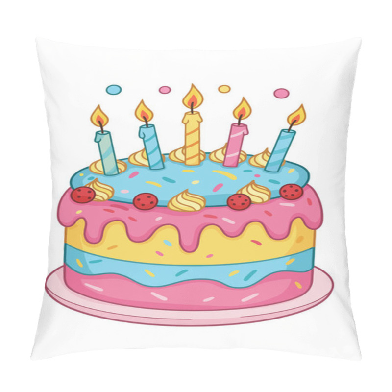 Personality  Clip Art Of A Birthday Cake. A Cheerful Cartoon Birthday Cake With Colorful Layers, Frosting, Sprinkles, Cherries, And Lit Candles. Pillow Covers