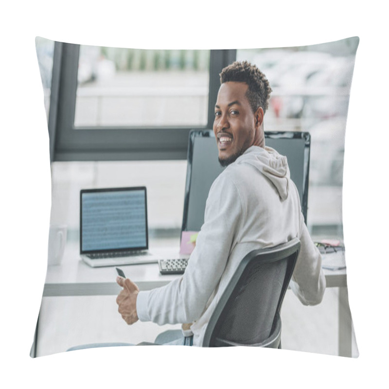 Personality  Happy African American Programmer Smiling At Camera While Sitting At Workplace In Office Pillow Covers