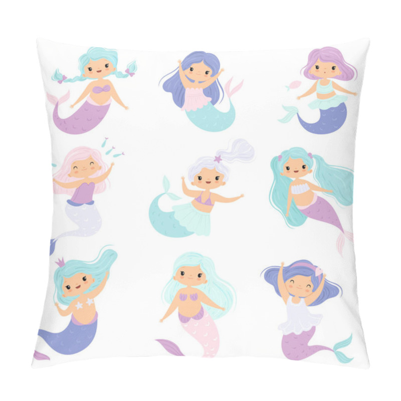 Personality  Cute Little Mermaids Set, Lovely Fairytale Girl Princess Mermaid Characters Vector Illustration Pillow Covers