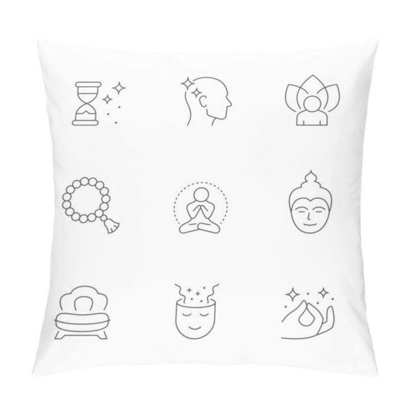 Personality  Set Line Icons Of Meditation Isolated On White. Chair, Time, Rosary Or Mala Beads, Buddha, Hand Pose, Yoga, Asana, Enlightenment, Wellness, Relaxation, Lotus Pose, Zen. Vector Illustration Pillow Covers