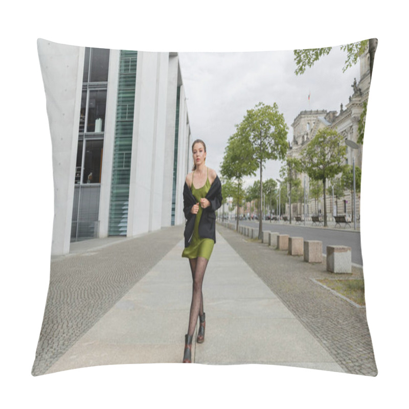 Personality  Trendy Young Woman In Blazer, Silk Dress And Boots Looking At Camera In Berlin, Germany  Pillow Covers