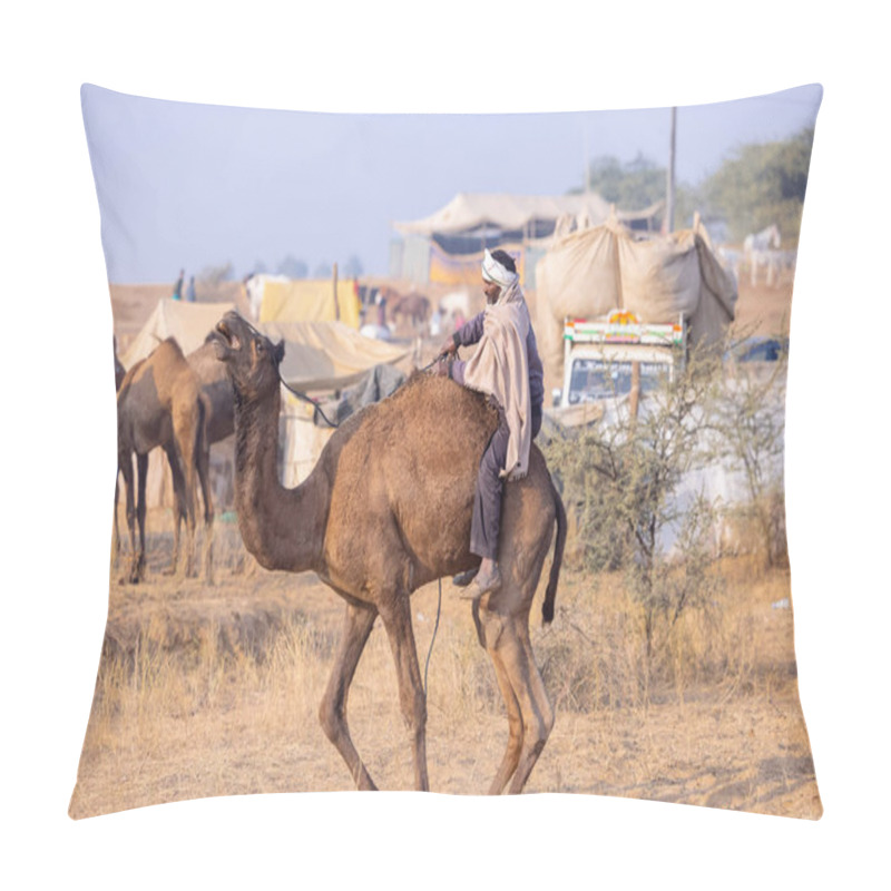 Personality  Pushkar, Rajasthan, India - November 25 2023: Pushkar Camel Fair Ground During Winter Morning Pillow Covers