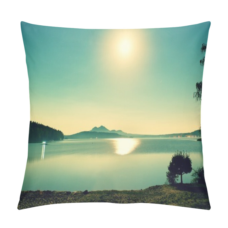 Personality  Romantic Full Moon Night At Lake, Calm Water Level With Moon Rays. Burh On The Hill. Pillow Covers