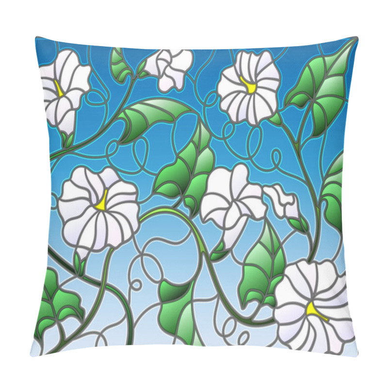 Personality  Illustration In Stained Glass Style Flowers Loach, White Flowers And Leaves On Blue Background Pillow Covers