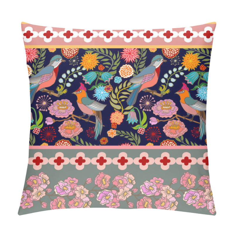 Personality  Paradise Garden. Silk Scarf Pattern With Cherry Flowers And Fantasy Birds. Pillow Covers