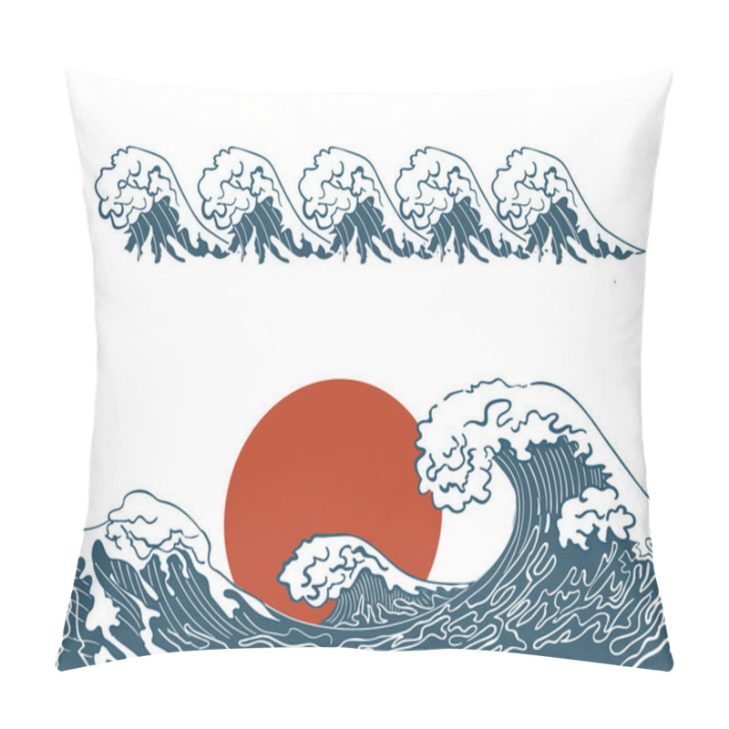 Personality  Asian Illustration Of Ocean Waves And Sun. Isolated On A White Background. Pillow Covers