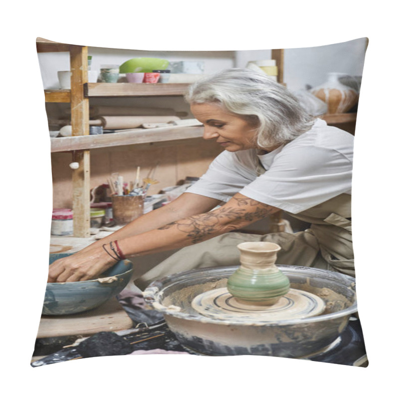 Personality  A Skilled Woman Shapes Clay On A Potters Wheel, Surrounded By Tools And Artistic Creations. Pillow Covers