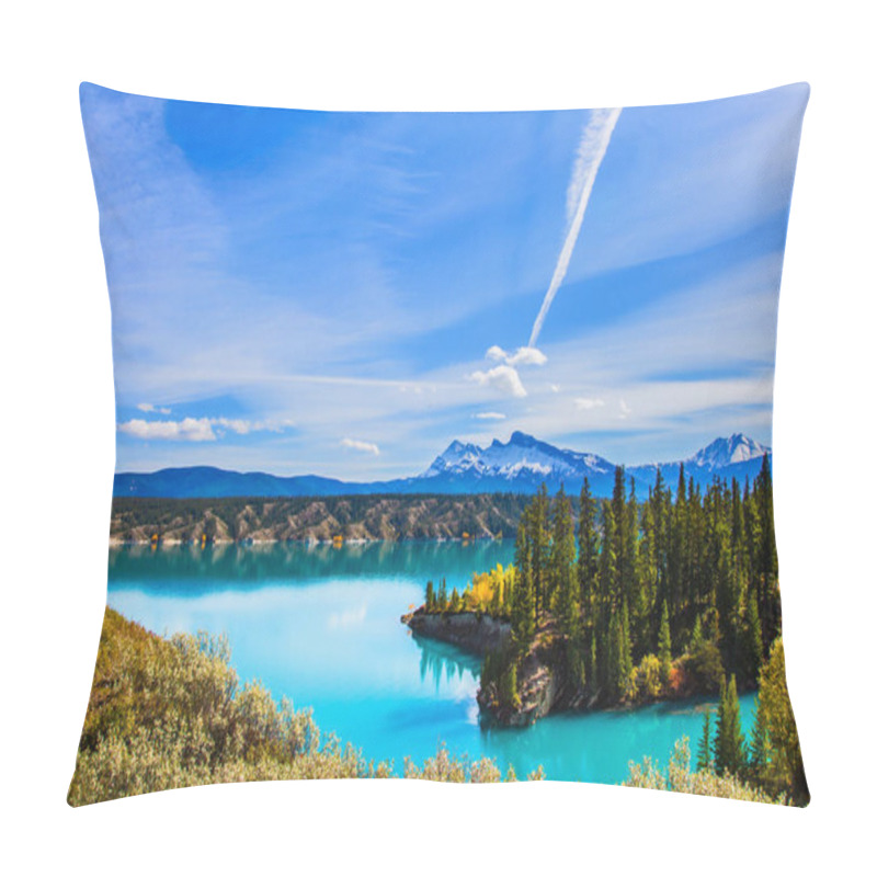 Personality  Magnificent Turquoise Abraham Lake. Rocky Mountains Of Canada In The Indian Summer. In The Blue Sky Silver Trace Of The Plane.  The Concept Of Ecological And Active Tourism Pillow Covers